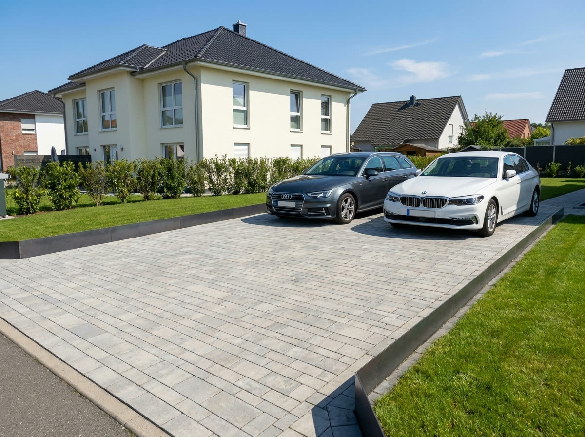 Pflasterarbeiten in Tamm – fertig gepflasterte Einfahrt von Osmani Galabau